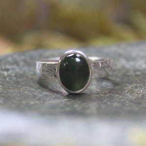 NZ Greenstone Sterling Silver Ring S8 (BM115) Kawakawa Pounamu