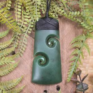 Pendants: NZ Greenstone Large Toki with Koru Pendant (CA266) Kawakawa Pounamu