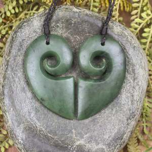 Pounamu Koru Twist: NZ Greenstone Large Matching Pair of Koru Heart Pendants (CA889) Hapopo Pounamu