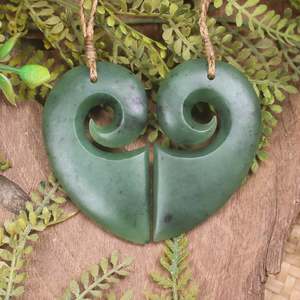 Pendants: NZ Greenstone Large Matching Pair of Koru Heart Pendants (CB049) Hapopo Pounamu