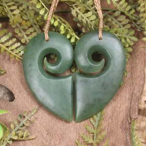 NZ Greenstone Large Matching Pair of Koru Heart Pendants (CB053) Hapopo Pounamu