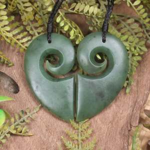 NZ Greenstone Large Matching Pair of Koru Heart Pendants (CB051) Hapopo Pounamu
