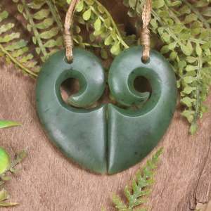 NZ Greenstone Medium Matching Pair of Koru Heart Pendants (CB056) Hapopo Pounamu