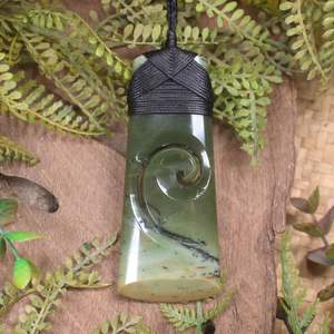 NZ Greenstone Large Toki with Koru Pendant (AR301) Rimu Pounamu