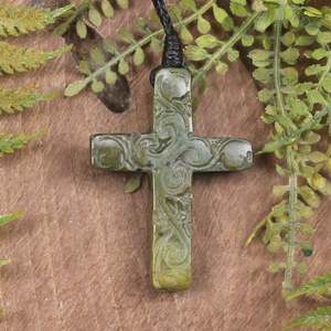 NZ Greenstone Small Cross Pendant (CA530) Flower Jade Pounamu
