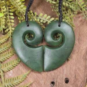 Other Jewellery Designs: NZ Greenstone Large Matching Pair of Koru Heart Pendants (CA892) Hapopo Pounamu