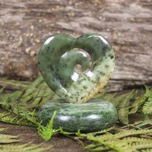 NZ Greenstone Koru Heart Sculpture (CB540) Flower Jade Pounamu