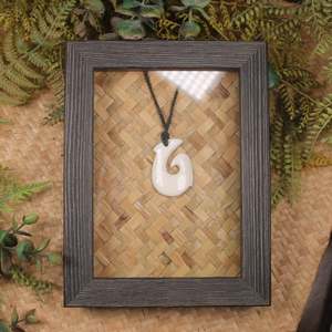 Pounamu Sculptures Touchstones: NZ Bone Framed Matau Pendant (CA516)