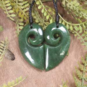 NZ Greenstone Small Matching Pair of Koru Heart Pendants (CC186) Hapopo Pounamu