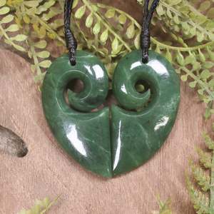 NZ Greenstone Small Matching Pair of Koru Heart Pendants (CC195) Hapopo Pounamu
