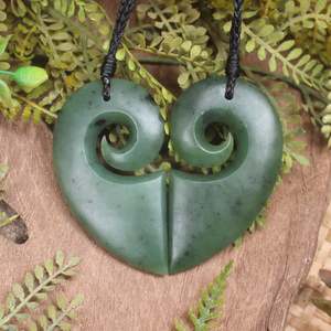NZ Greenstone Large Matching Pair of Koru Heart Pendants (CB048) Hapopo Pounamu