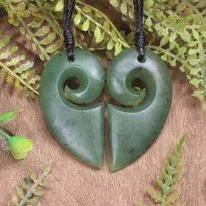 NZ Greenstone Medium Matching Pair of Koru Heart Pendants (CB055) Hapopo Pounamu