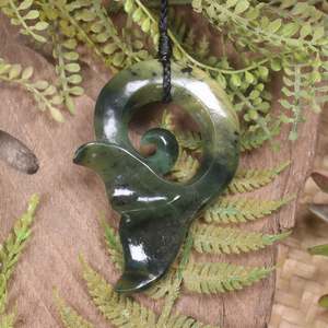 NZ Greenstone Large Whale Tail Pendant (CB704) Flower Jade Pounamu