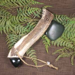 Pounamu Sculptures Touchstones: NZ Greenstone and Deer Antler Axe (CB186) Rimu Pounamu