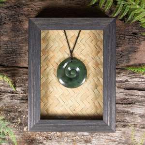 Pounamu Sculptures Touchstones: NZ Greenstone Framed Koru Pendant (CA502) Hapopo Pounamu