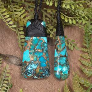 Kingman Turquoise with Bronze Small Toki and Roimata Pair of Pendants (CC079)