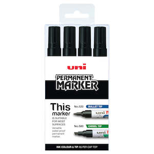 Uni Ball: Uni Permanent Bullet Black Tip Markers Set Of 4