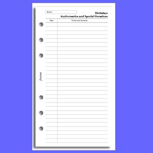 Filofax Personal Birthdays/anniversaries Insert Refill