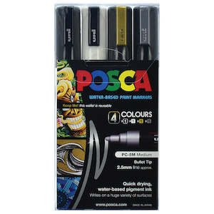 Uni Posca Marker 1.8-2.5mm Med Bullet 4 Pack Black White Gold Silver PC-5M