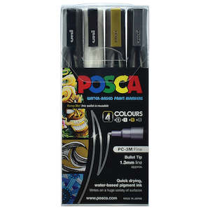 Uni Posca Marker 0.9-1.3mm Fine 4 Pack Black White Gold Silver PC-3M