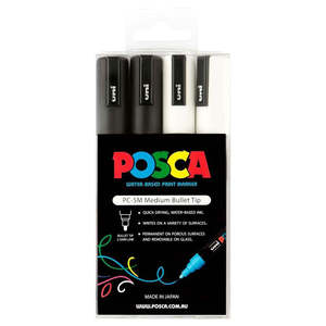 Uni: Uni Posca PC-5M 1.8-2.5mm Black/White Markers Set of 4
