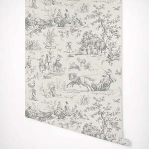 Geometric Wallpaper: Vintage Toile Wallpaper - Grey/White
