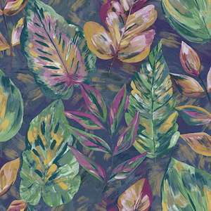 Sample - Aralia - fabric effect foliage Wallpaper - Navy/Pink- Discontinuing