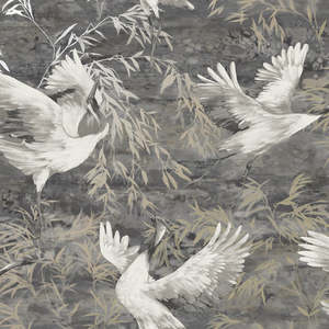 Sample - Sarus - Cranes Asian Watercolour Wallpaper - Charcoal- Discontinuing
