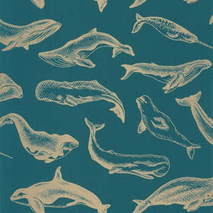 Whale Done Wallpaper - Turquiose Gold