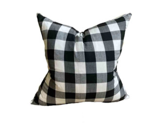 BLACK & WHITE PLAID CUSHION w Feather Inner