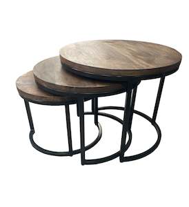 Set of 3 Solid Wood and Iron Coffee Table