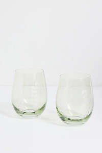 Tableware: Olive Green Etched Leaf Set 2 Stemless Wine Glasses