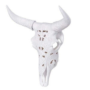 White Decorated Skull with Horns Wall Mount