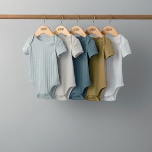 Bodysuits: Mamas and Papas Neutral Blue Ribbed Short Sleeve Bodysuits - 5 Pack