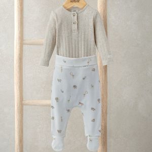 Clothing Sets: Mamas and Papas Ribbed Beige Bodysuit & Safari Print Pants - 2 Piece Set