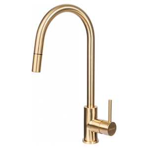 Modern Kitchen Taps: Mercer Aurora Gooseneck Pull Out Mixer | Brass