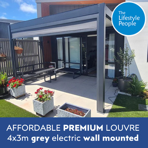 TLP Affordable Premium 4mx3mx2.5m Louvre Pergola LED - Wall Mounted - Electric - Grey