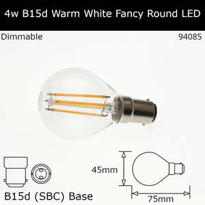 Sbc Led Clear Fancy Round: 4W 230V SBC Clear 2,700K Warm White Dimmable Led Fancy Round