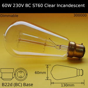 Incandescent Filament Bulbs: 60W 230V BC ST60 Clear Incandescent Squirrel Cage