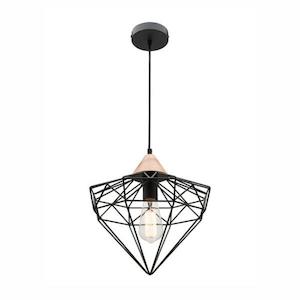 Glint Pendant Light 1x60w E27 in Black Metal w/ Baltic Wood Cougar Lighting