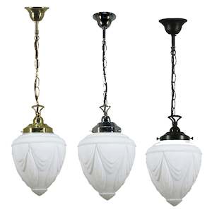 Chrome Pendant Light: Empire 8" Chain Pendant Light in Brass, Chrome, Patina Black with Opal Matt Glass