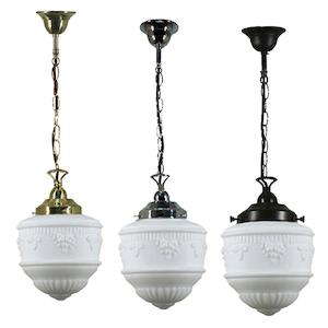 Chrome Pendant Light: Senator 8" Chain Pendant Light in Brass, Chrome, Patina Black with Opal Matt Glass