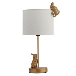 Animal Lamp: Quinn Playful Rabbits, Iron and Resin Table Lamp - Gold, White Fabric Shade, 450mm High, PL0252