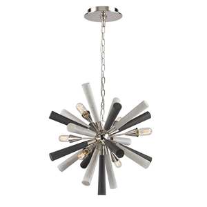 Nickel Pendant Lights: Sputnik Unique Pendant Light in Polished Nickel and Dark-Light Grey Washed Wood