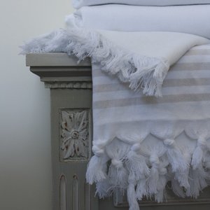 Bath Towels: Turkish Bath Sheet - White and Taupe Stripe