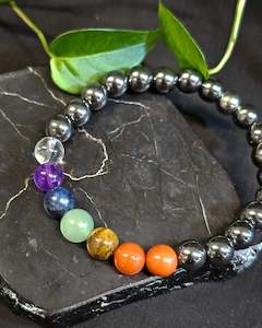 Crystals: 8mm Hematite 7 Chakra Bead Bracelet