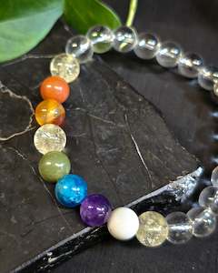 Crystals: 8mm Clear Quartz 7 Chakra Bead Bracelet