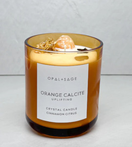 Jewellery 1: OPAL + SAGE - ORANGE CALCITE CRYSTAL CANDLE - LARGE AMBER JAR