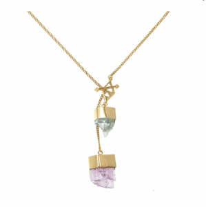 Jewellery 1: TIGER FRAME - NECKLACE - AQUAMARINE & KUNZITE LONG - GOLD