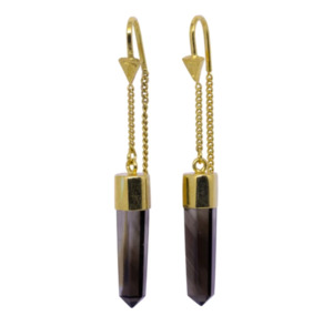 Jewellery 1: TIGER FRAME - EARRINGS - SMOKY QUARTZ POINT PULL THROUGH - GOLD